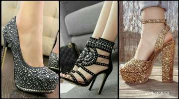 newest beaded glitter fancy high heel shoes designs for women