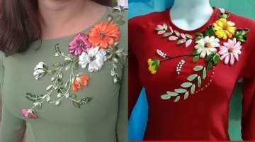 super easy Ribbon embroidery Neck design for beginners| beautiful Ribbon embroidery neck design